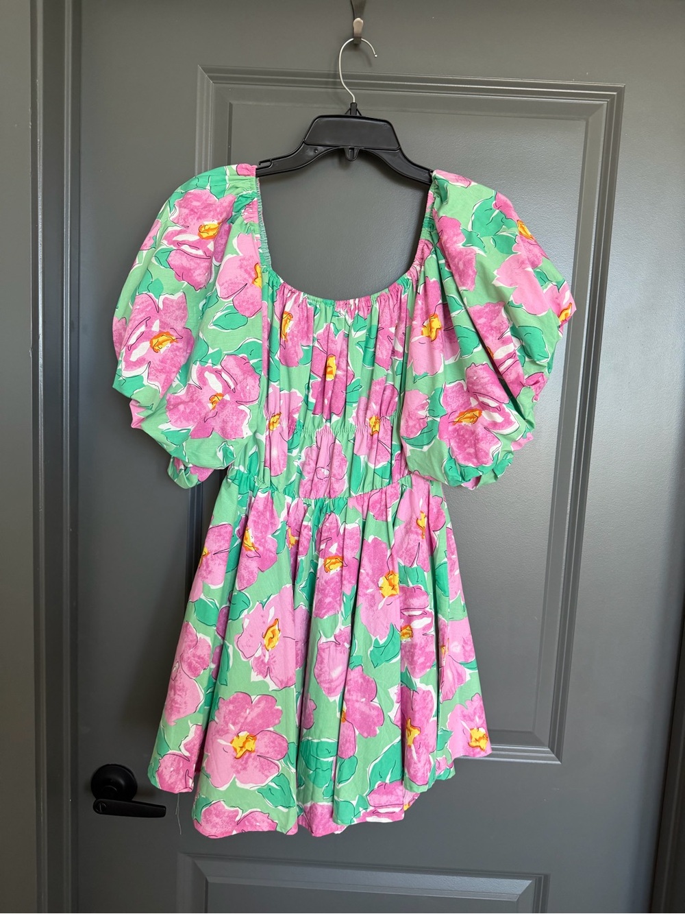 Boutique Green & Pink Floral Puff-Sleeve Dress